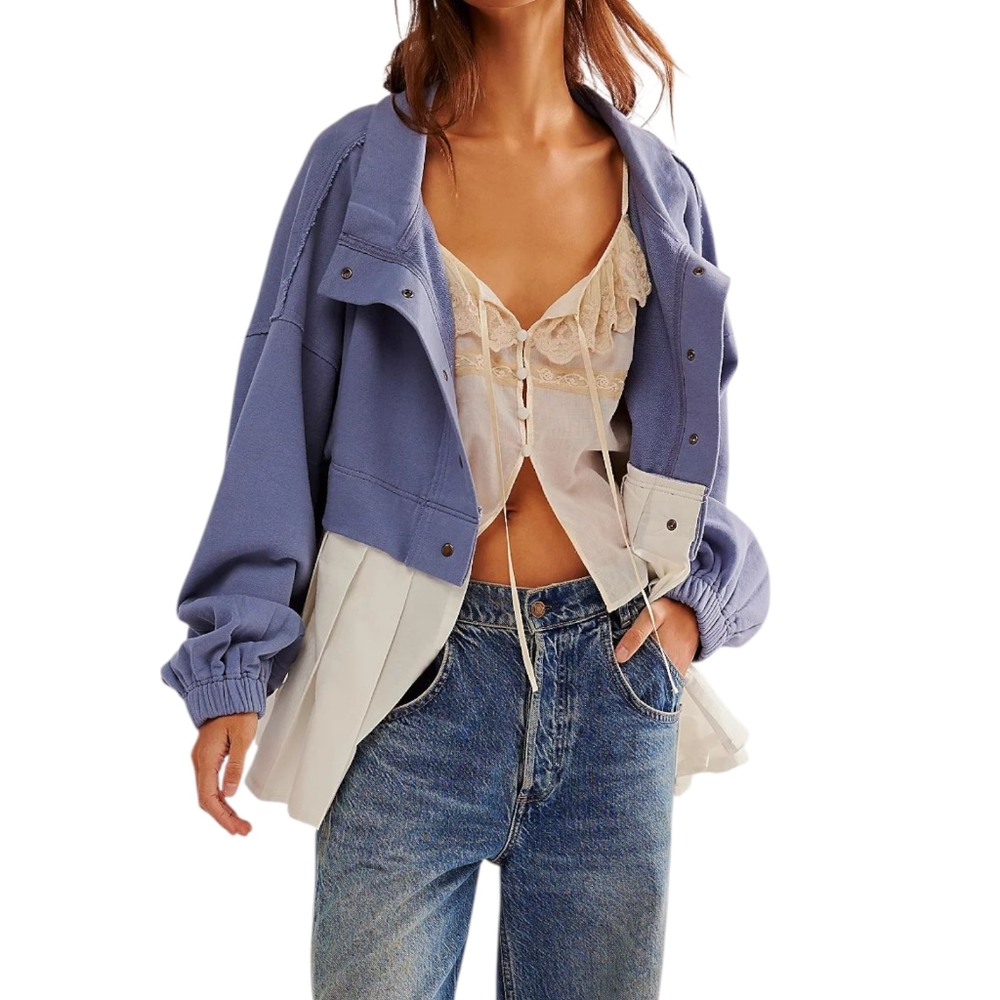 Free People Ellie Sweatshirt Blue White Pleated Button Front Oversized M NWT